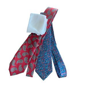 Two: Christian Dior Men’s Neck Ties. Red/Blue Paisley. 100% silk. Pocket scarf.